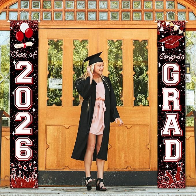 Class of 2026 Banner Maroon Graduation Party Decorations Congrats Grad Banner Hanging Door Porch Signs for 2026 University and Senior High School Graduation Decorations