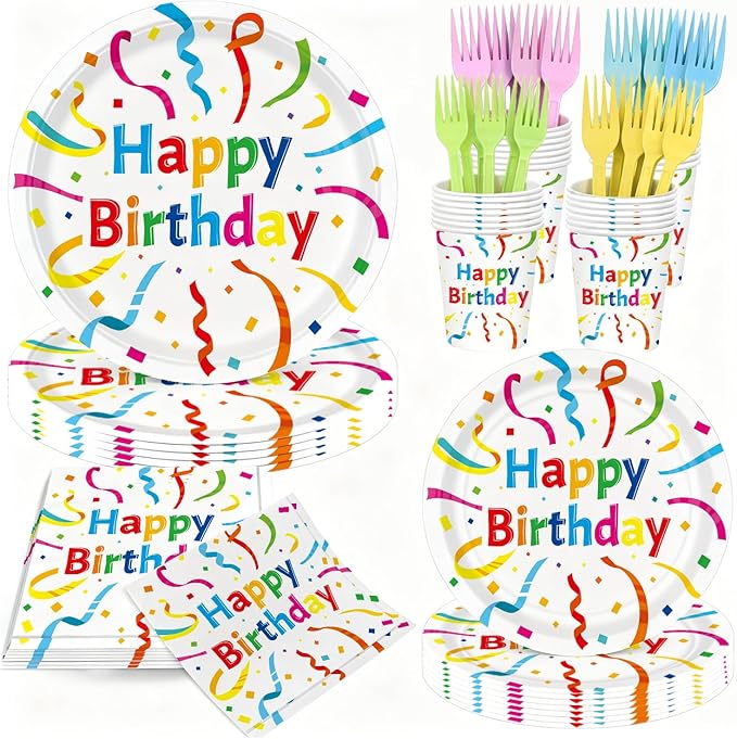 120Pcs Birthday Plates and Napkins Party Supplies Set, Serves 24 Guests Birthday Paper Plates and Napkins, Cups, Forks, Multicolor Birthday Design for Kids Boys Girls Party Decorations