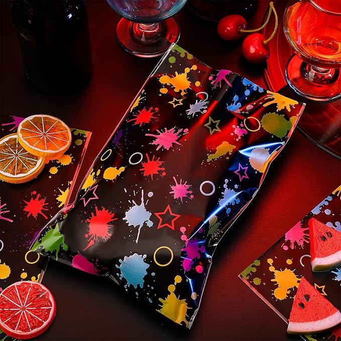 Spakon 100 Pack Neon Party Favor Bags Let's Glow in the Dark Supplies Plastic Colorful Candy Goodie Gift Treat Goody Bags for Neon Glow Birthday Decoration