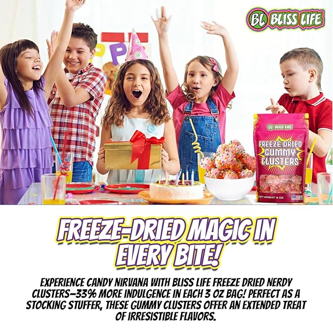Bliss Life Freeze Dried Gummy Clusters Fruit Candy from TikTok, ASMR Crunchy Candy, Sweet and Sour Kids Snacks, Unique Novelty Snack for Kids 3OZ