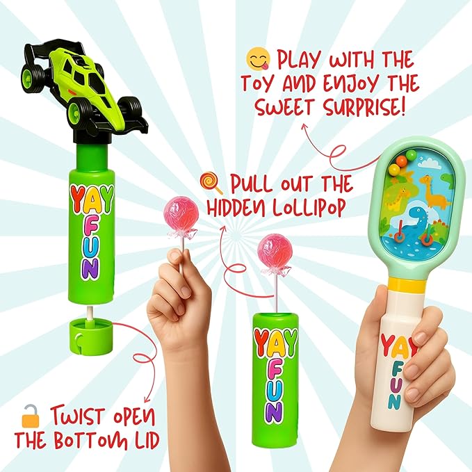 YAY! FUN Party Favors Supplies for Kids, 12Ct Bulk Individually Wrapped Lollipop with Interactive Toys, Perfect for Party Favors, Goodie Bags & Kids Surprise Gifts, Home/ school treasure box, Holiday basket (12 Count)