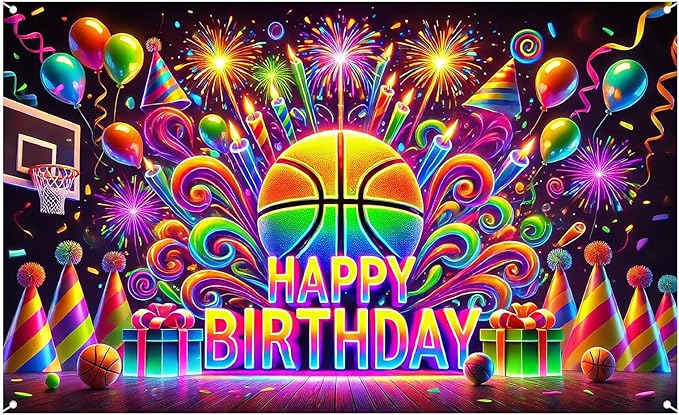 Nuxovilar Happy Birthday Banner Neon Basketball - Sports Party Backdrop, 71x43 Inch Glow Yard Sign for Boys Game Night Decor
