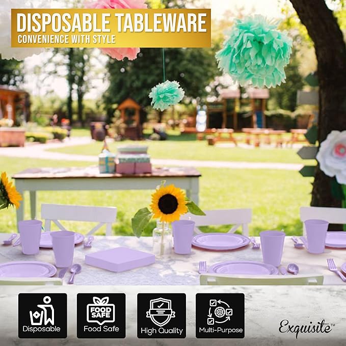 350 Pcs Lavender Plastic Plates For Party, Lavender Disposable Plates Set, 50 Of Each 9" Dinner Plate Set, 7" Dessert Plate, Cups, Napkins & Cutlery Plastic Dinnerware Set Exquisite