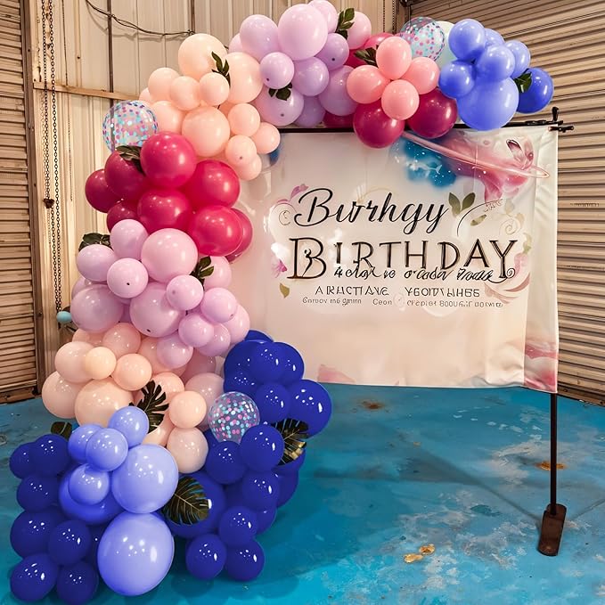 Blue Balloon Arch Kit, Royal Light Blue Confetti Macaron Pink Purple Birthday Balloons with Palm Leaves for Princess Girl Birthday Decorations Baby Shower Graduation Summer Tropical Party Supplies