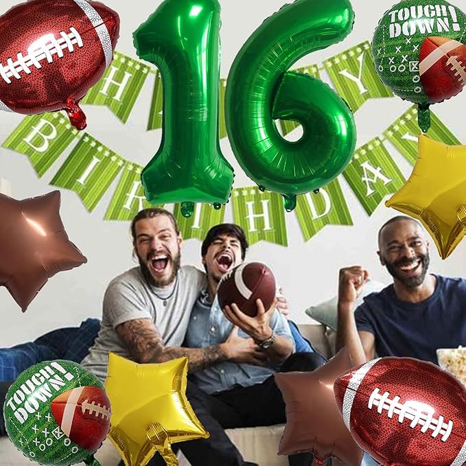Football Birthday Decorations - 16th Birthday Balloon Rugby Gold Brown Star Touchdown Sports Theme Party Supplies - 10Pcs