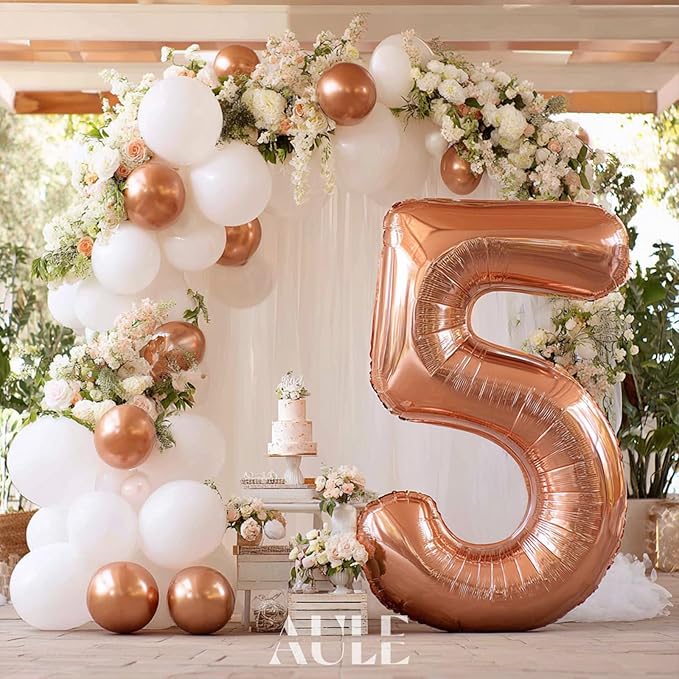 AULE 40 Inch Big Rose Gold 5 Balloon Number Large Foil Helium Number Balloons 0-9 Jumbo Giant Happy 5th Birthday Party Decorations for Boy or Girl Huge Mylar Anniversary Party Supplies