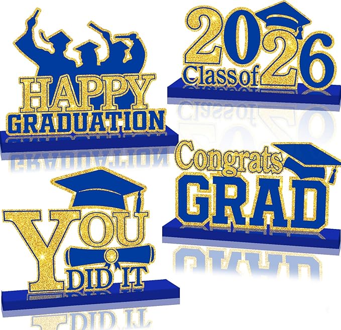 4Pcs Graduation Decorations Class of 2026 Wood Table Centerpieces Congrats Grad Wooden Sign Graduation Table Toppers Congratulate Tiered Tray Decor for 2026 Graduation Party(Blue-Gold)