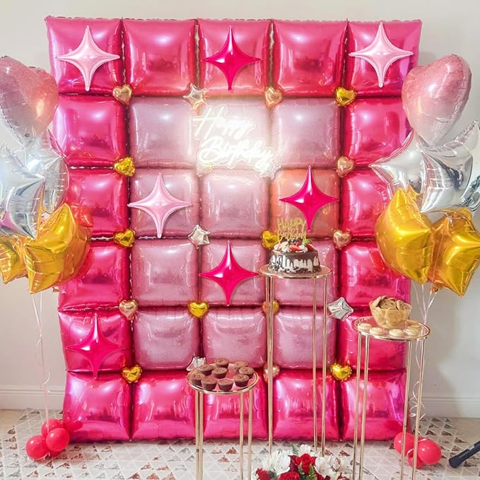 32PCS Hot Pink Square Foil Balloon Wall Double Sided, Metallic Bright Pink and Light Pink with Star Balloons Backdrop Flat Tunnel Foil Magenta Background for Girls Women Princess Birthdays Baby Shower