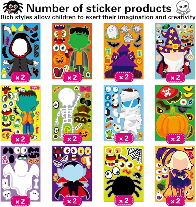 24 Sheets Halloween Stickers for Kids, Halloween Decorations, Kids Party Games, Face Stickers, Vinyl, Waterproof, Cartoon, Halloween Style