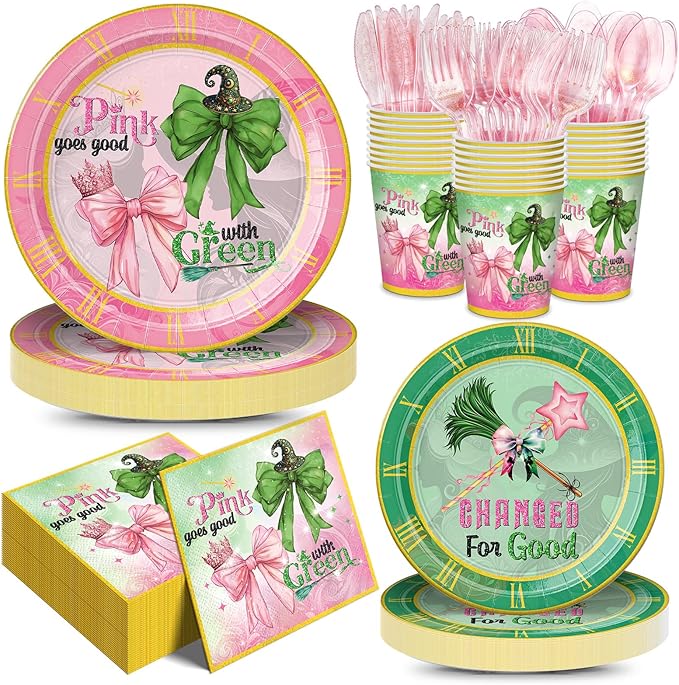 168Pcs Witch Party Supplies Pink Green Paper Plates Napkins Disposable Tableware for Birthday Party Decorations Serve 24 Guests