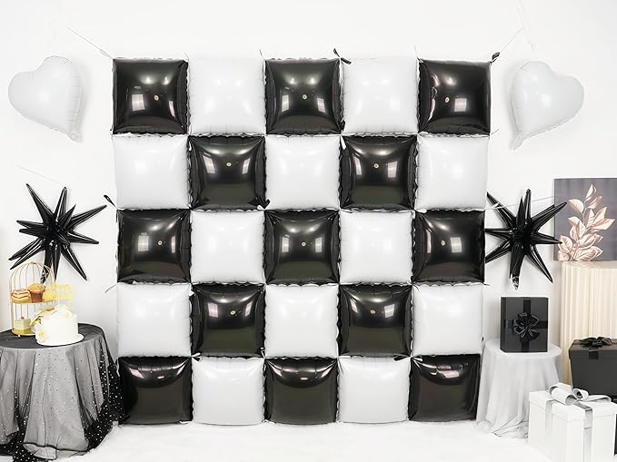 Black and White Square Foil Balloons Wall, Double Sided Chrome Black White Balloons Tunnel Arch Kit Backdrop for Checkerboard Racing Themed Birthday Graduation Wedding Party Decorations