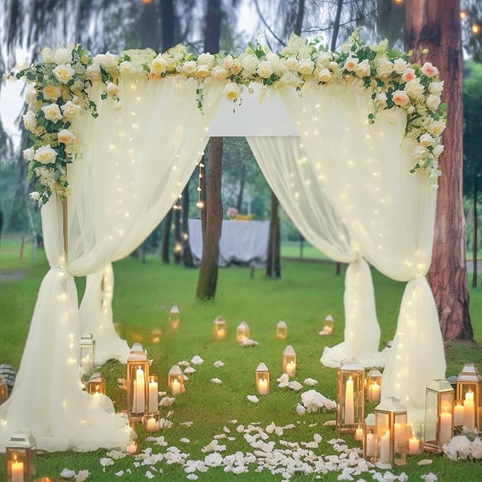 20x10ft Ivory Tulle Backdrop Curtain with Lights String for Parites, Sheer Backdrop Curtains for Wedding Baby Shower Birthday Party Photo Shoot Decorations