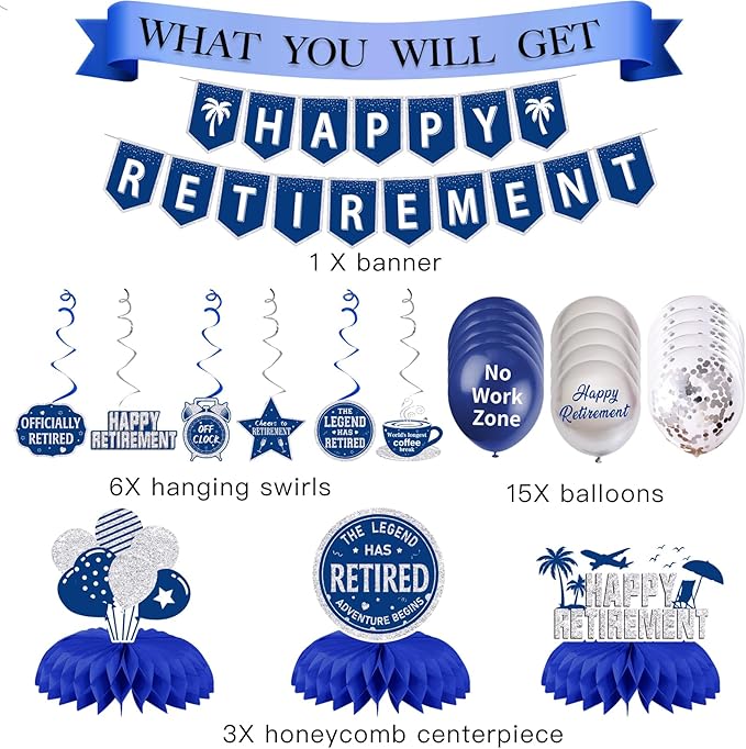 25Pcs Retirement Party Decorations for Men Women, Blue Silver Happy Retirement Banner Hanging Swirl Balloons Honeycomb Centerpiece Party Supplies Set
