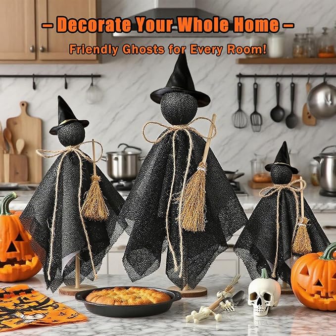 Halloween Decorations Indoor - 3 Set Primitive Halloween Wtich with Hat, Wooden Stand Witch Decor for Table Centerpieces, Mantels, Shelves, Vintage Spooky & Festive Party Decor