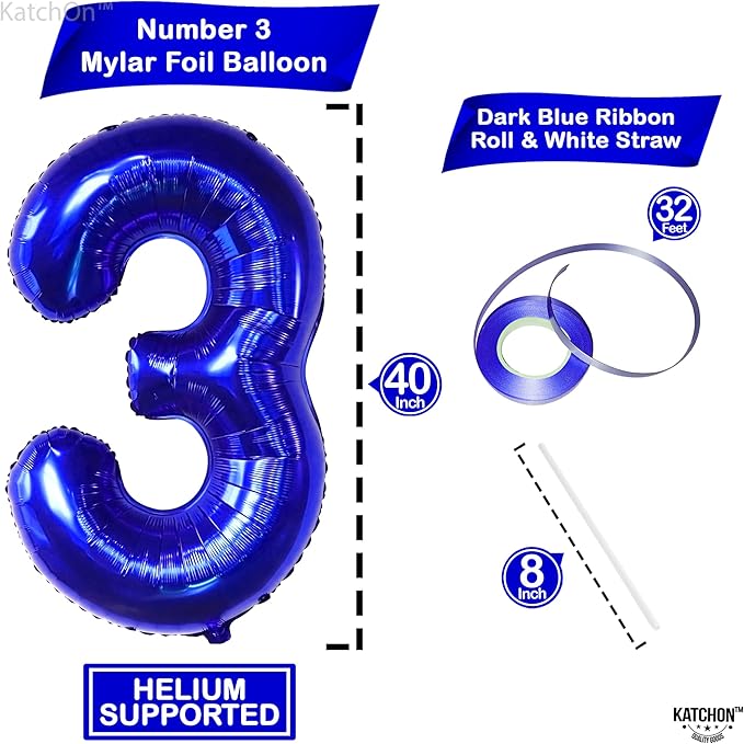 KatchOn, Giant Royal Blue Number 3 Balloon - 40 Inch | Navy Blue 3 Balloon Number | Construction Balloons 3rd Birthday Decorations for Boys | Anniversary Decorations
