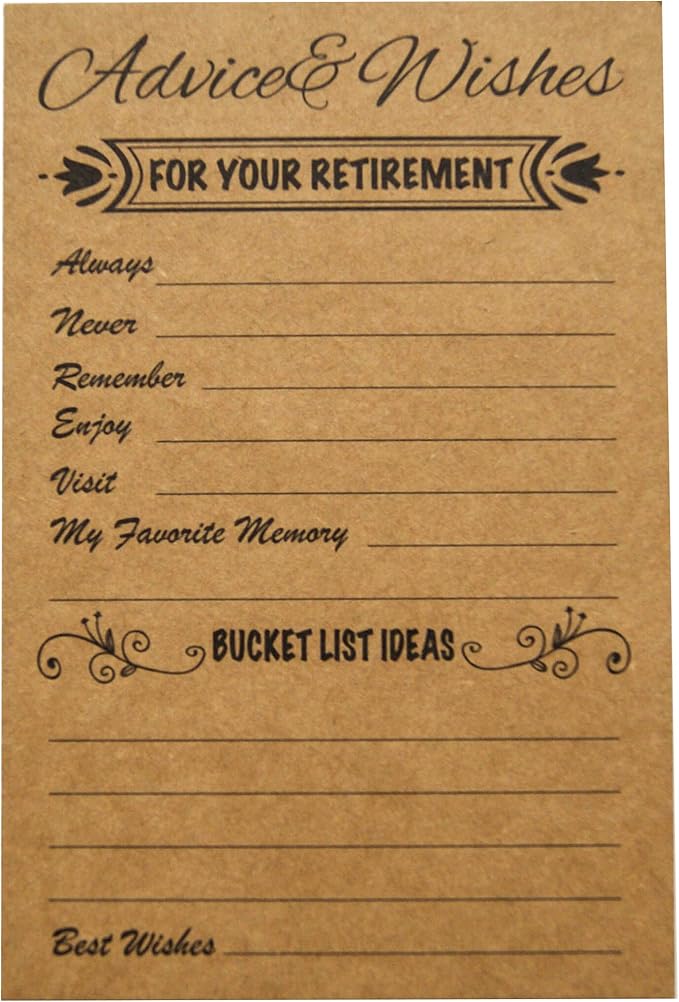 RXBC2011 Retirement Well Wish and Advice Cards Pack of 50 Rustic Kraft Retired Ideas Supplies and Decoration Happy Retiree Celebration Gift Bucket List Wish Funny Officially Retired