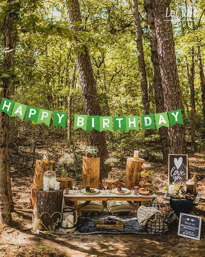 Green Happy Birthday Banner Greenery Theme Party Bunting Supplies Signs for Birthday Garland Nursery Hanging Decoration 13pcs