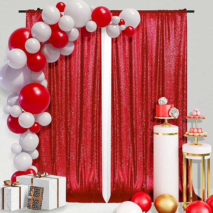 PartyDelight Red Sequin Backdrop 5x10ft 2 Panels - High Density 3mm Shimmer Sequin Background with 4-Inch Rod Pocket, Sparkly Photography Curtain for Wedding, Stage & Event Decor