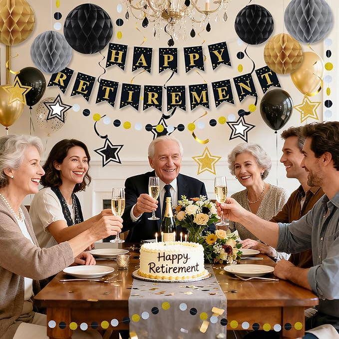 Happy Retirement Party Decorations for Men Women Black Gold Happy Retirement Banner Honeycomb Balls Pentagram Hanging Swirl Streamers Circle Dots Garland