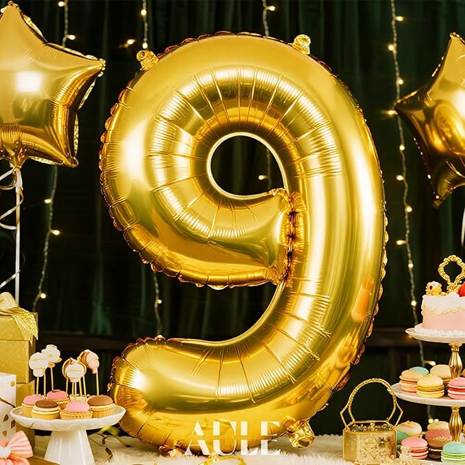 AULE 40 Inch Big Gold 9 Balloon Number Large Foil Helium Number Balloons 0-9 Jumbo Giant Happy 9th Birthday Party Decorations for Boy or Girl Huge Mylar Anniversary Party Supplies