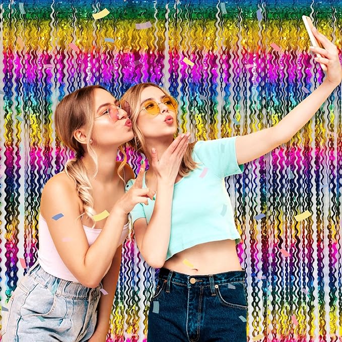 4 Pack Rainbow Wave Foil Fringe Curtain Backdrop, 3.28Ft x 8.2Ft Metallic Tinsel Foil Fringe Streamer Curtains for Photo Booth, Mother's Day, Easter, Birthday, Wedding Party Decoration