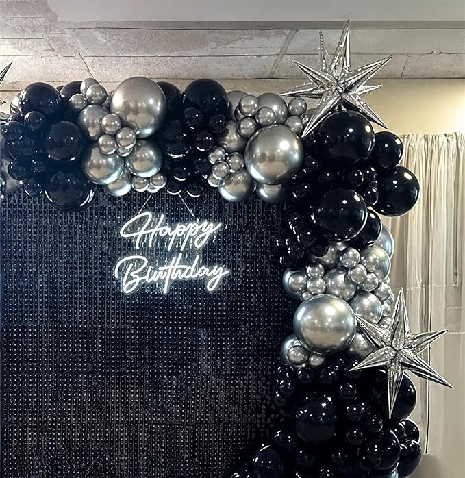 Black and Silver Balloon Garland Arch Kit with 3pcs Star Balloons, Silver and Black Balloon Confetti Latex Balloons for Birthday Wedding Graduation Baby Shower Disco Anniversary Party Decorations
