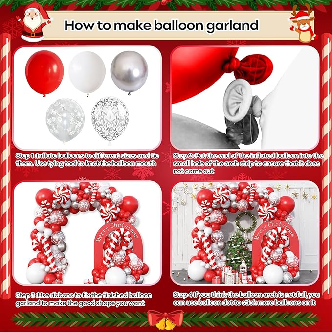 Christmas Balloon Arch Kit 129 Pcs Red White Silver Snowflake Confetti Latex Balloons Xmas Candy Cane Foil Balloon for Merry Christmas Friendsmas Winter New Year Birthday Party Decor