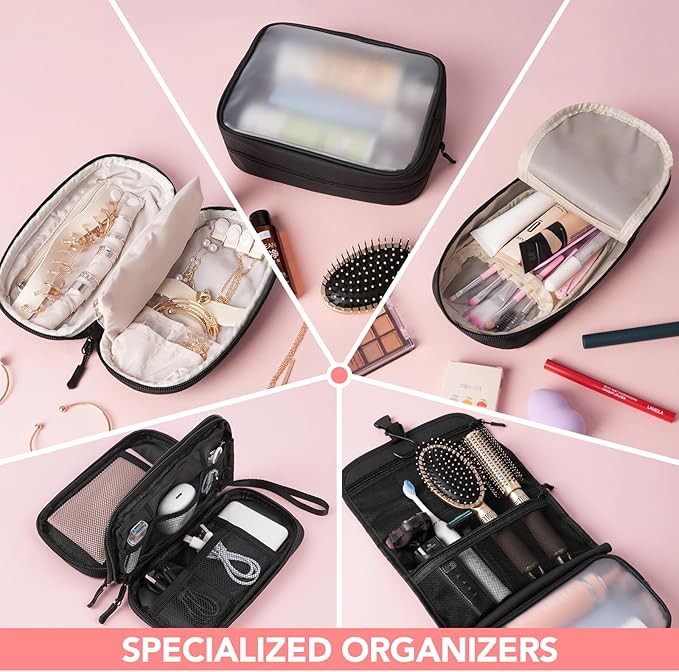 Travel Toiletry Bag Set for Women, Compact Size 5-Piece Hanging Organizer Kit with TSA Approved Cosmetic Bag, Jewelry Case & Cable Pouch, Waterproof Makeup Bag for Travel Essentials- Black