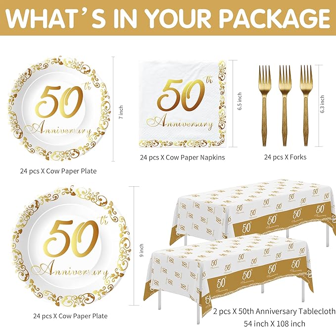 APOWBLS 50th Anniversary Decorations And Supplies Tableware - Golden 50th Wedding Anniversary Decorations Party Supplies, Paper Plate, Napkin, Tablecloth, Fork | Serves 24