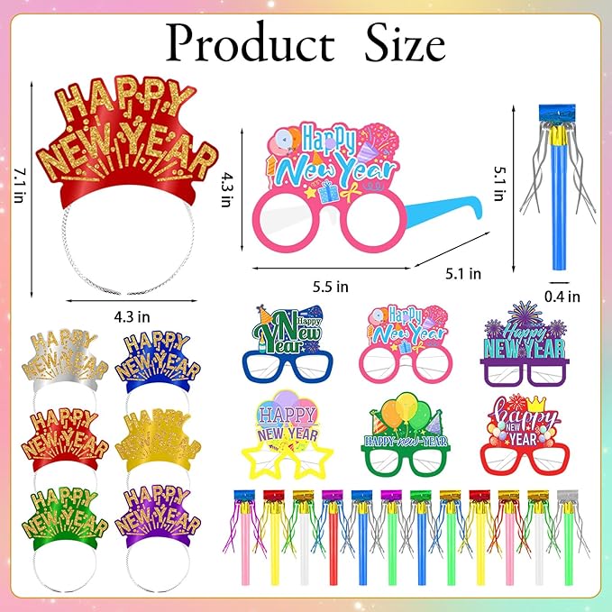 Openfly 24Pcs New Years Eve Party Supplies 2026 Happy New Years Party Headband Hats New Year Glasses New Year Noise Makers