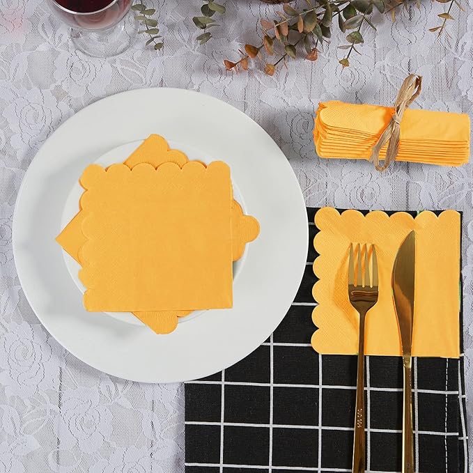 100 Pack Cocktail Napkin 2-Ply Scalloped Edged Dessert Napkins Folded 5 x 5 Inches Disposable Napkins for Dinner Wedding Birthday Party Bridal Anniversary Reception Event (Yellow)