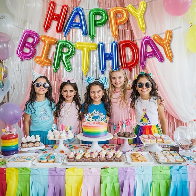 16 Inch Happy Birthday Banner Balloon, Rainbow Happy Birthday Letters Foil Balloons, Self Inflating Multicolor HBD Balloons Bunting for Kids Girls Boys Colorful Bday Party Decorations