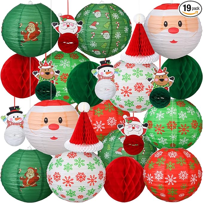 24 Pcs Christmas Hanging Paper Lanterns Party Decorations Red and Green Christmas Lanterns Garland Set Honeycomb Santa Hat 3D Snowman Reindeer Holiday Xmas Ornaments Home Winter Party Decor