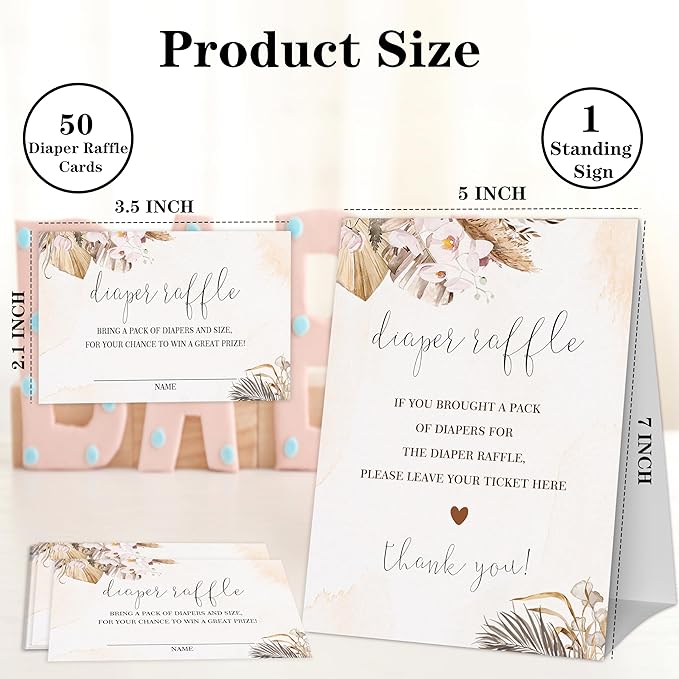 Boho Floral Diaper Raffle Game, Diaper Raffle Tickets for Baby Shower, Pink Boho Gender Neutral Tickets for Baby Shower Party Favor Decorations Supplies (1 Sign + 50 Cards)