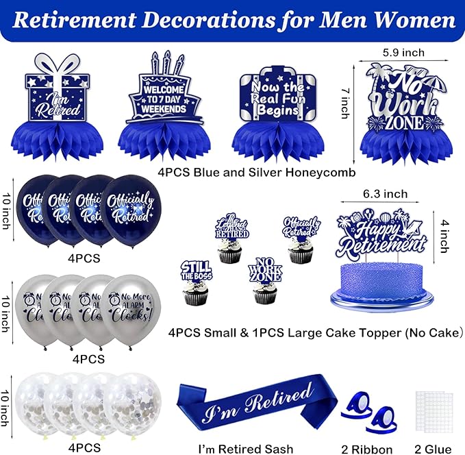 Retirement Party Decorations Men Women, Blue Silver Happy Retirement Decorations, Pre-Strung Happy Retlrement & We Will Miss You Banner, Balloons, Hanging Swirl, Cake Topper Retired Sash Honeycomb Set