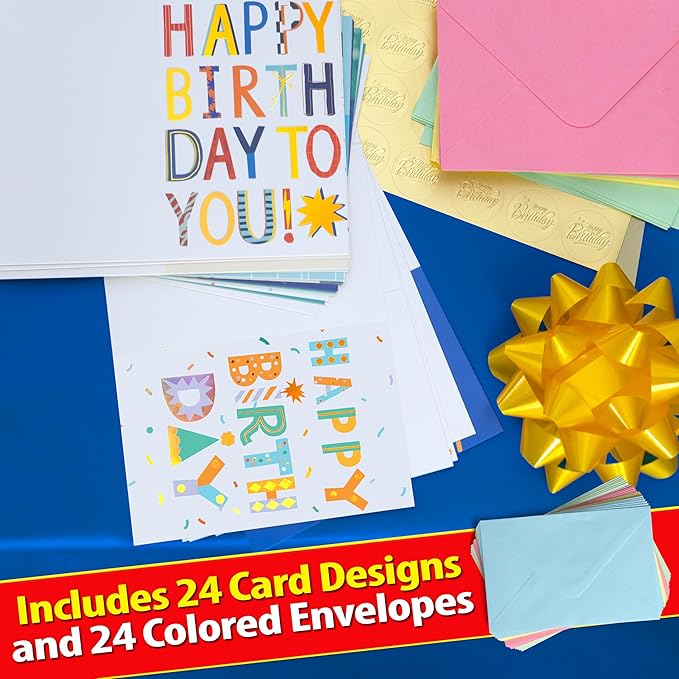 24 Pack Assorted Birthday Cards with Gold Foil, Messages, Envelopes, and Stickers | 4x6 Inch Happy Birthday Cards Bulk for Family, Kids, Friends, Work, and Office Celebrations.
