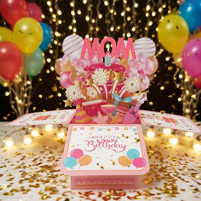 Happy Birthday Mom Card From Daughter Son Kids Funny 3D Pop Up Birthday Gift Card Box For Mom Foldable Celebration Greeting Cards With Envelope For Women Stepmom Godmother