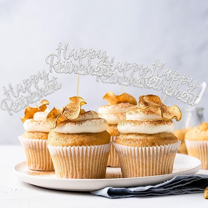 Gyufise Silver Glitter Happy Retirement Cupcake Toppers Retired Cake Decorations for Retirement Party Cake Decorations 36 Pack