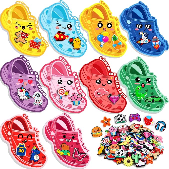 152 Pcs Valentines Day Cards Sets for Kids School Valentines Classroom Gifts for Kids 50 Pcs Bulk Exchange Card with 102 Pcs Shoe Charms for Boys Girls Toddlers Valentine Party Class Favors