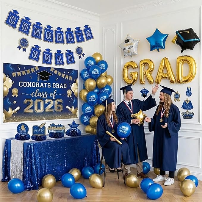 Royal blue Gold Balloons GRAD Print Balloons with Banner Table Honeycomb Centerpieces Hanging Swirl backdrop Stars Graduation Cap GRAD Letters Mylar Balloons for 2026 graduate Prom Decorations