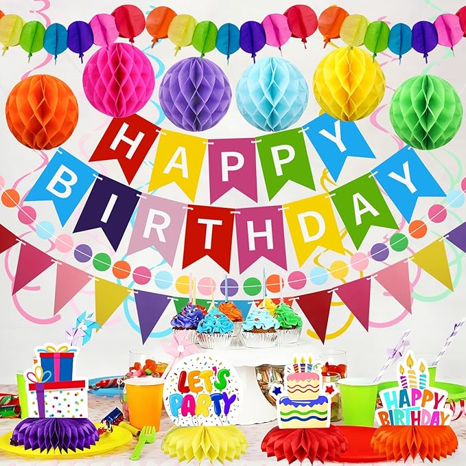 Birthday Decorations Kit, Happy Birthday Banner with Table Centerpieces, Colorful Paper Flag Garland, Hanging Swirl Streamers & Honeycomb Balls for All Birthday Party Decorations