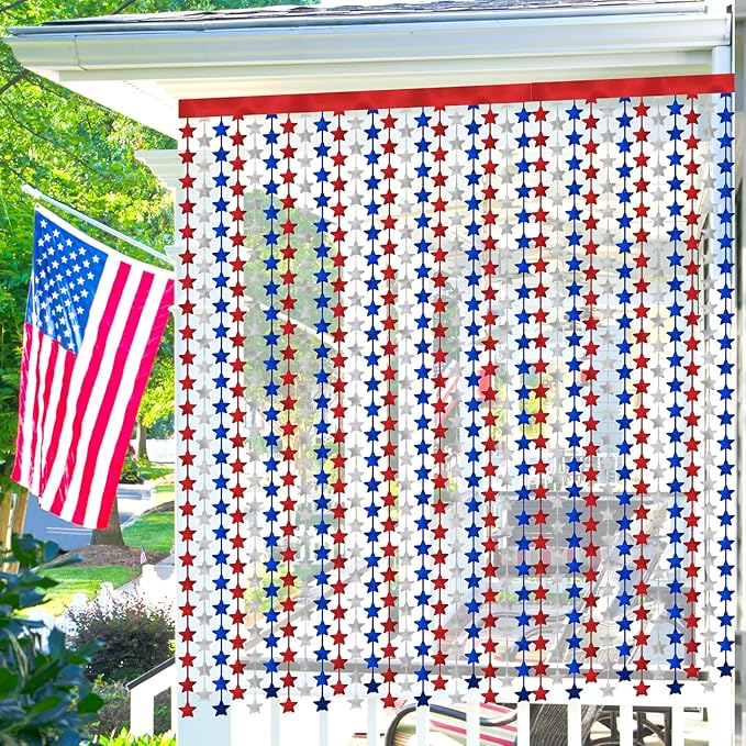 4th of July Decorations 3 Pack Foil Fringe Garland Tinsel Curtains, Red White Blue Hanging Fringe Backdrop Banner, Photo Booth Prop for Patriotic Party Decor (Star 3)