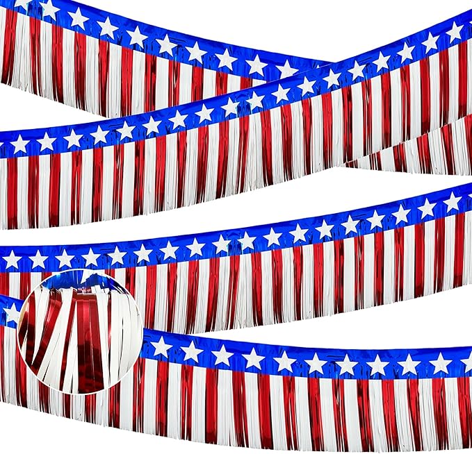4 Pack 39Ft 4th of July Parade Floats for Trailer Car, Flag Stripes and Stars Foil Fringe Garland Tinsel Streamers Banner Table Skirts for 4th of July Graduation Homecoming Birthday Party (Star)