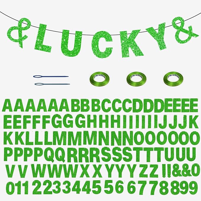 116 Pcs DIY Glitter Customizable Kit - Custom Banner with 111 Letters, Numbers, 3 Rope and 2 Threading Devices for Personalized Decor - Green