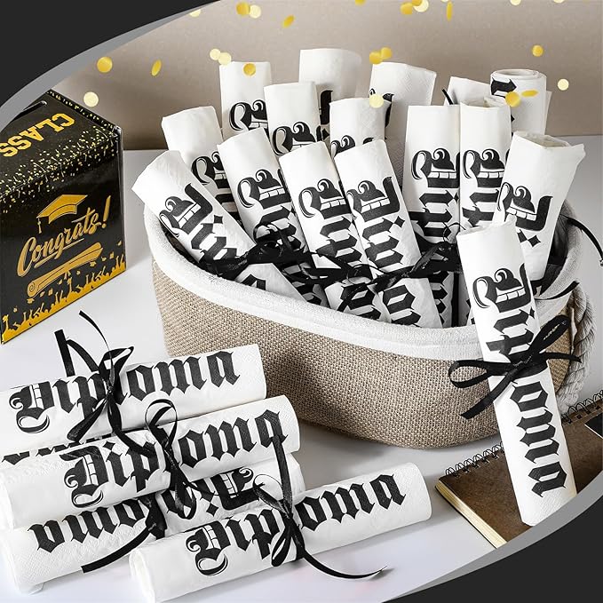 100 Set Graduation Diploma Guest Napkins Red Black and White Rolled Silverware Disposable Grad Award Dinner Napkin with Ribbon and Scissors for Celebration(diploma, Black, 100 Pcs)