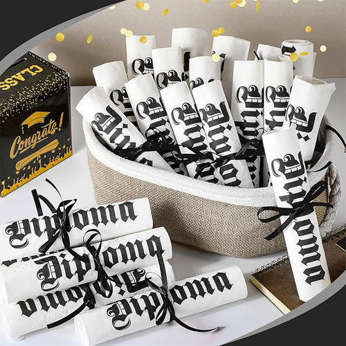 100 Set Graduation Diploma Guest Napkins Red Black and White Rolled Silverware Disposable Grad Award Dinner Napkin with Ribbon and Scissors for Celebration(diploma, Black, 100 Pcs)