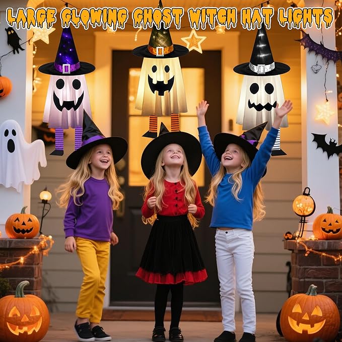 Halloween Decorations Outdoor - 3PCS Halloween Hanging Light up Ghosts, Orange & Purple & White Spooky Glowing Ghost Witch Hat for Garden Yard Tree Haunted Houses Indoor Outside