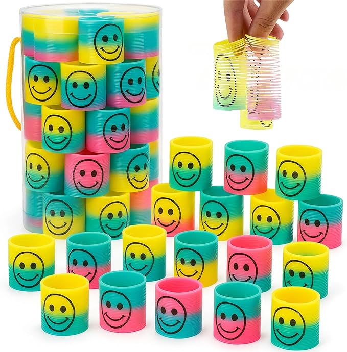 72 PCS Mini Emoticon Smile Happy Face Rainbow Springs Party Favors in Storage Bucket - Bulk Set of Plastic Magic Coil Stretch Stress Toys for Kids Birthdays, Carnival Prizes, Goodie Bag Stuffers