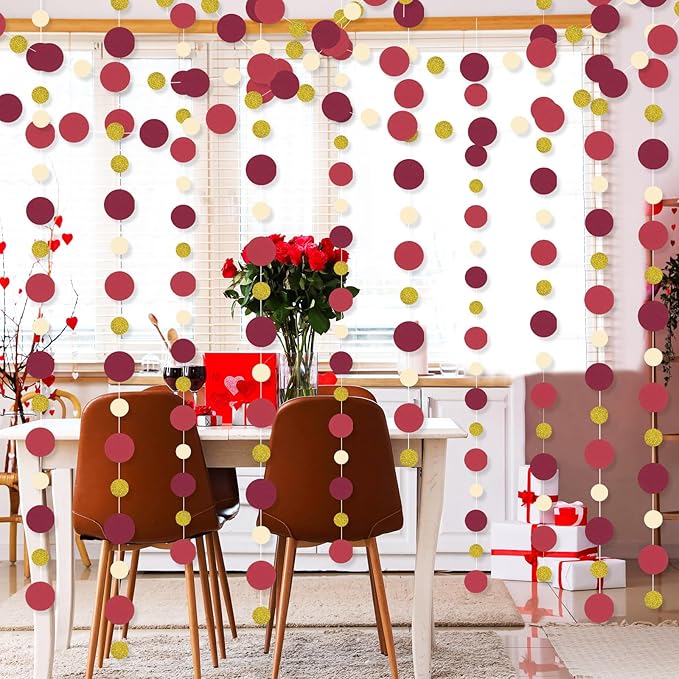 Outus 5 Pieces Maroon,Gold Round Dots Garland Easter Graduation Party Hanging Decor Each Length 13.1ft Glitter Paper Dot Streamers for Birthday Wedding Classroom