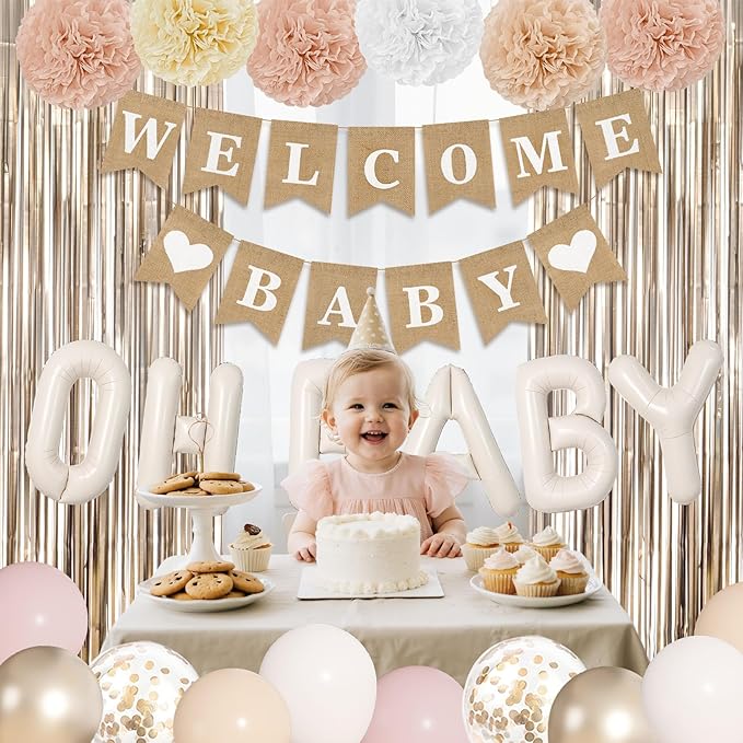 Ouddy Party Champagne Gold Boho Baby Shower Decorations for Girl with Welcome Baby Banner Dusty Pink White Nude Foil Balloons Fringe Curtain Paper Pom Poms for Baby Shower Gender Reveal Party Supplies